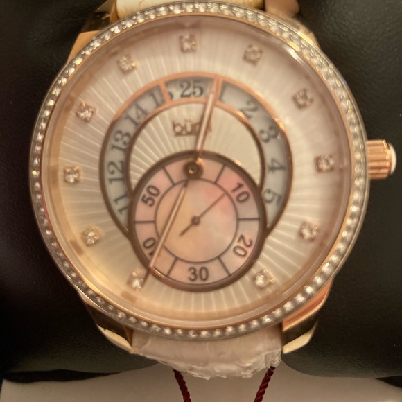 BURGI Cream Embossed Dial White Leather  Watch main image 5